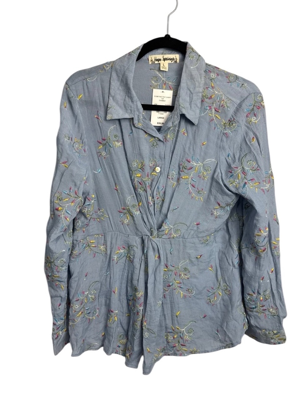 Hope springs  blue embellished button down New with embroidery cottagecore Large